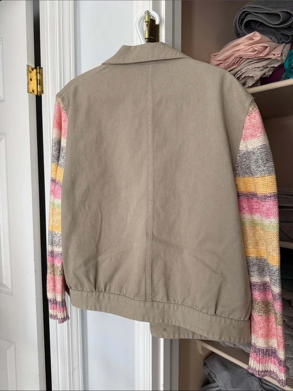 French Connection Beige Utility Jacket with Multicolor Striped Knit Sleeves - Picture 4 of 4